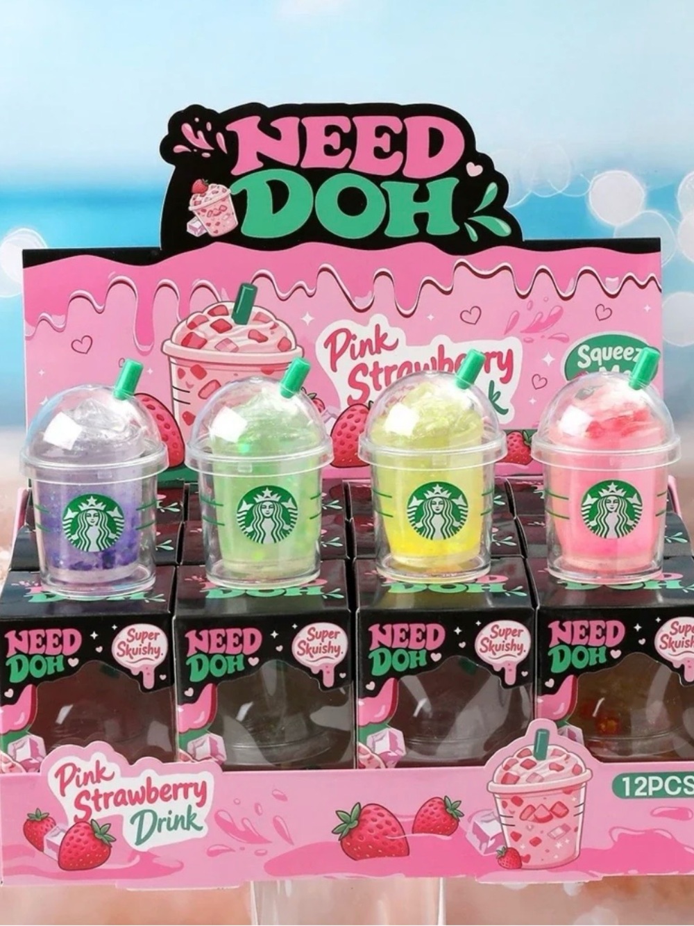Pink Strawberry Drink Squishy Toy - Pink, Green, Yellow, Purple Options NeeDoh